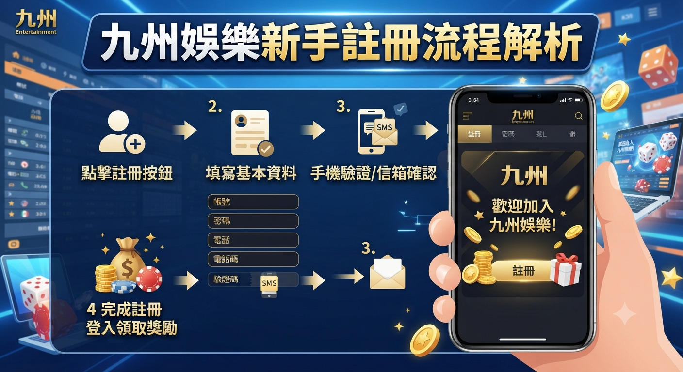 這是一張以「九州娛樂新手註冊流程解析」為主題的資訊圖表,上方醒目地展示了主標題。 畫面中結合了手機介面與圖示說明,清晰呈現了新手玩家註冊流程的四個步驟。