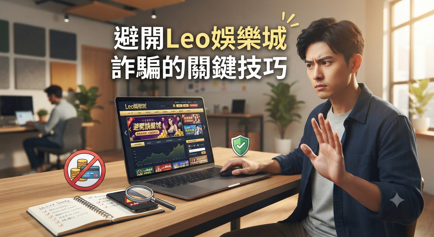 圖片展示了一位男子在筆電前神情警惕地做出拒絕手勢,畫面正上方印有「避開Leo娛樂城詐騙的關鍵技巧」標題。 整體設計強調網路防範意識,桌面配有筆記與防詐安全圖示。